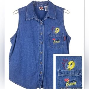 Vintage Looney Tunes Denim Sleeveless Tweety Bird Shirt 100% Cotton Size Large